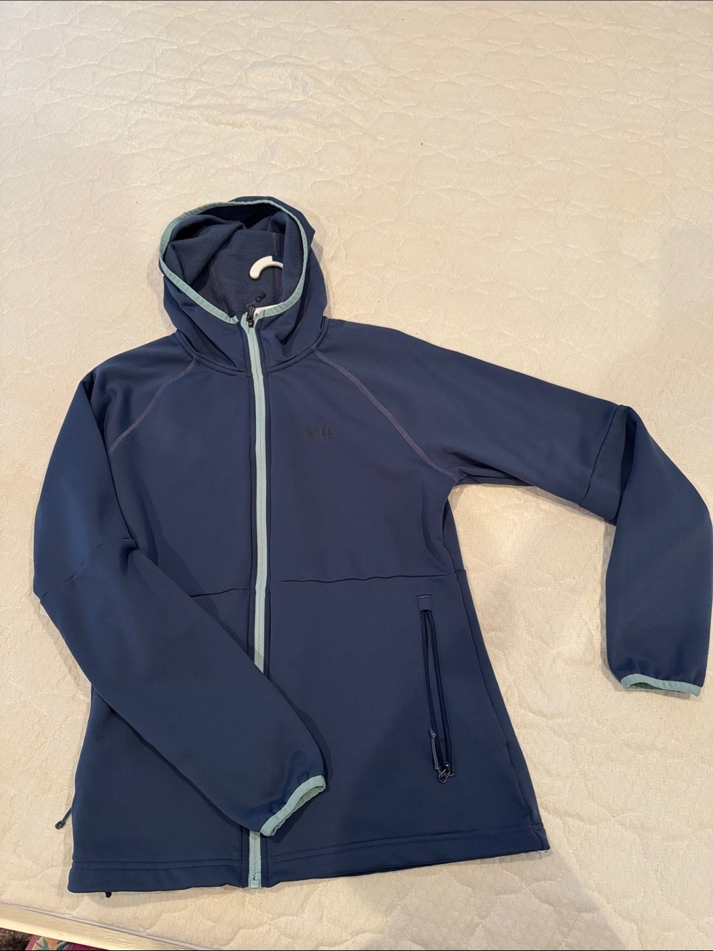 REI Navy Hooded Softshell Jacket with Light Blue Trim